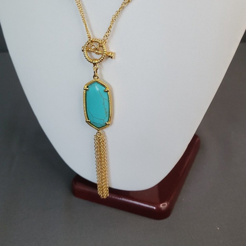 Womens Gold Tone Tasseled Lariat Pendant Necklace Double Strand Blue Stone 16 in - Picture 4 of 8